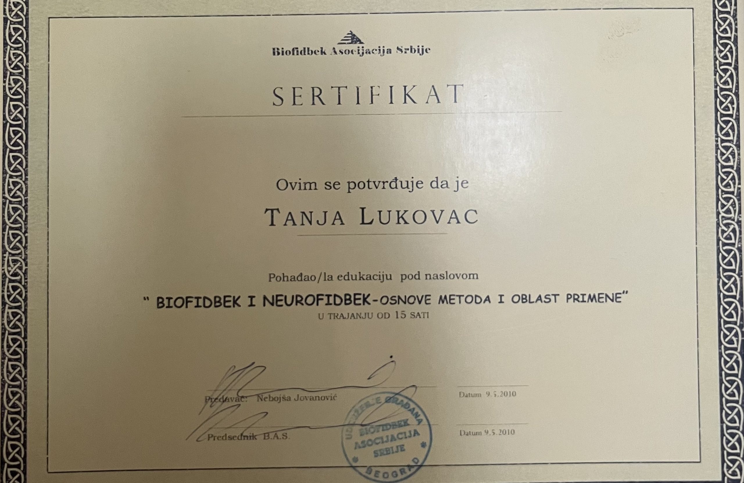 Sertifikat sa edukacije „Biofidbek i neurofidbek – osnove metoda i oblast primene”