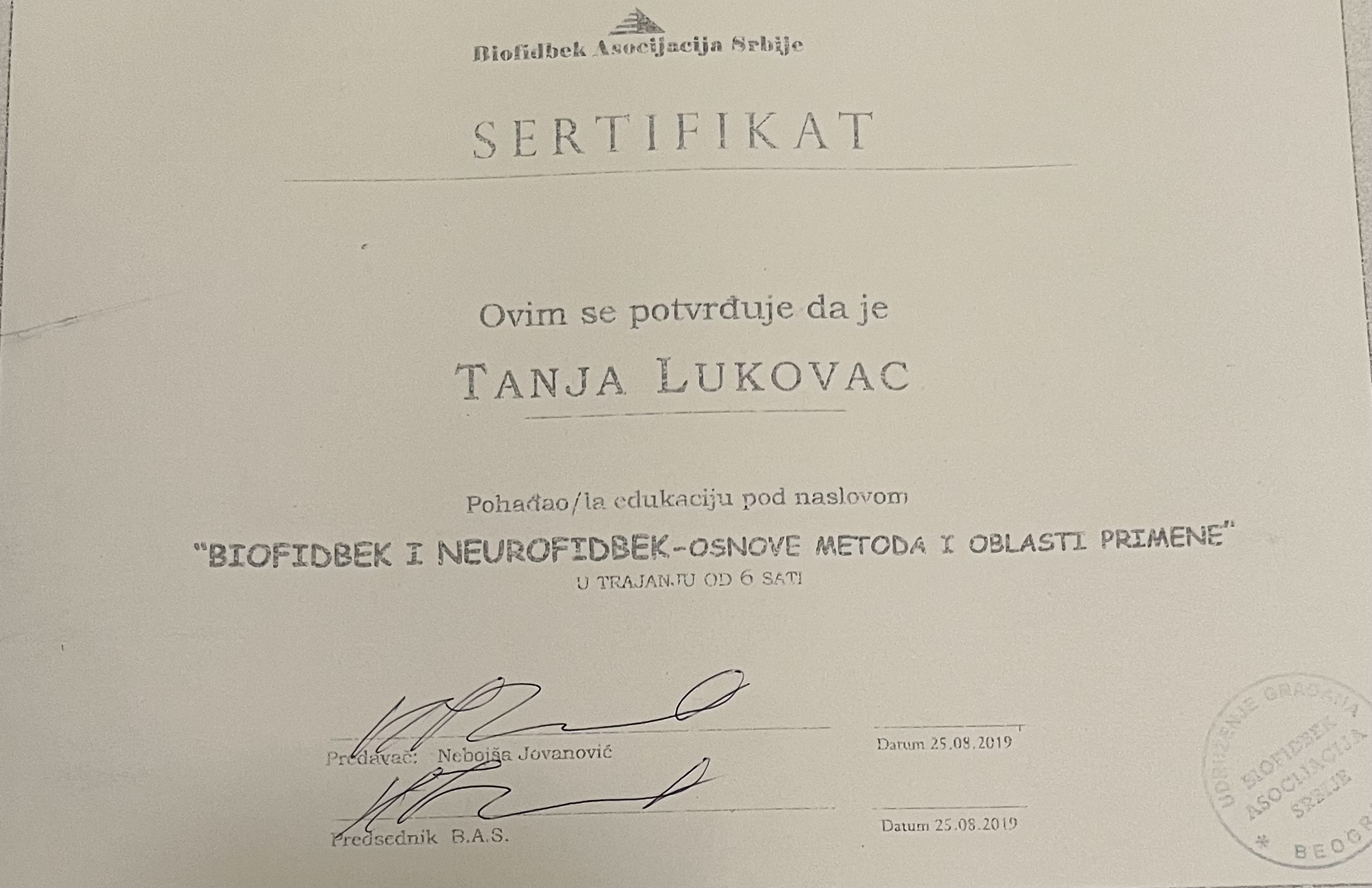 Sertifikat sa edukacije „Biofidbek i neurofidbek – osnove metoda i oblasti primene”