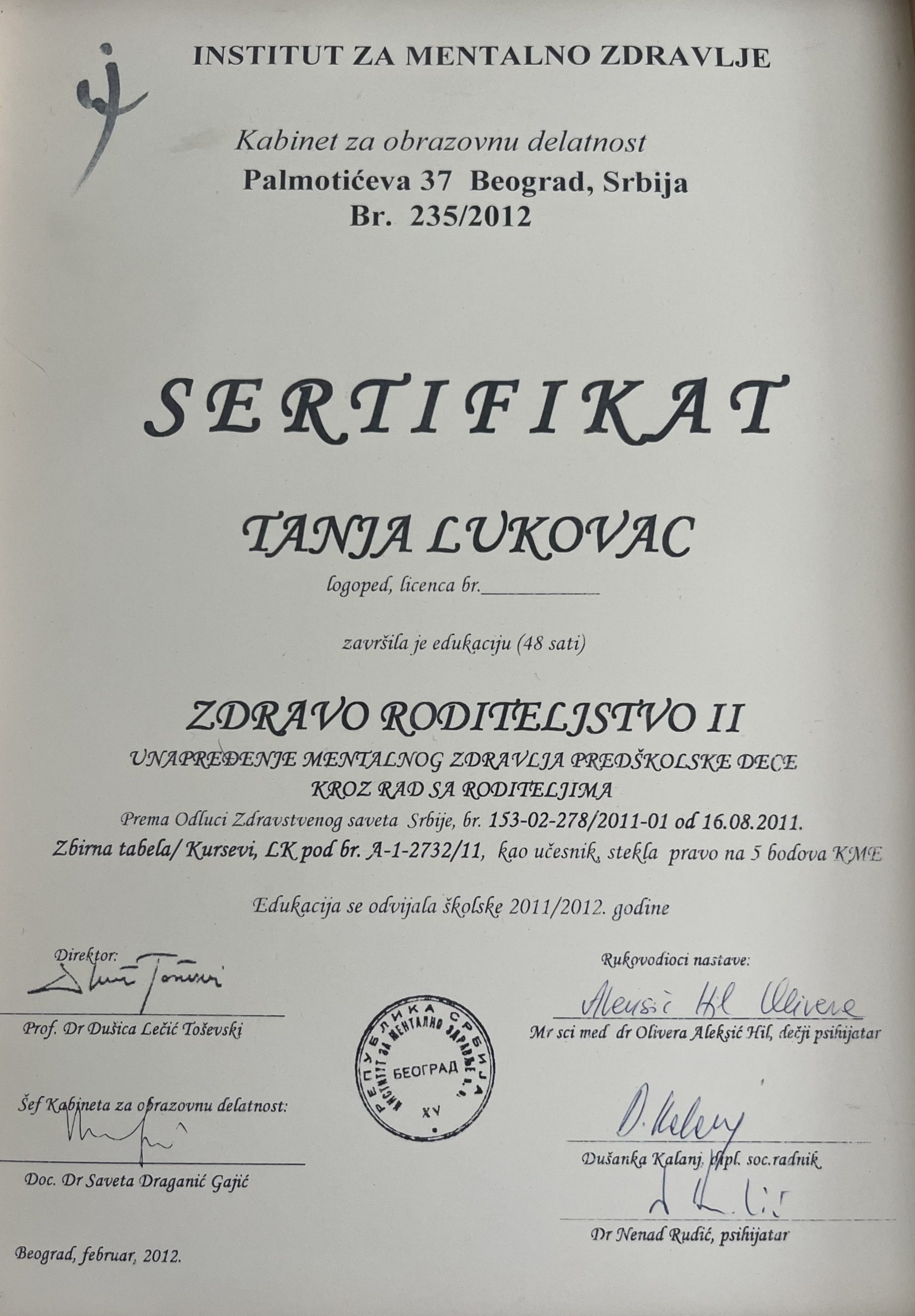 Sertifikat o završenoj edukaciji „Zdravo roditeljstvo II”