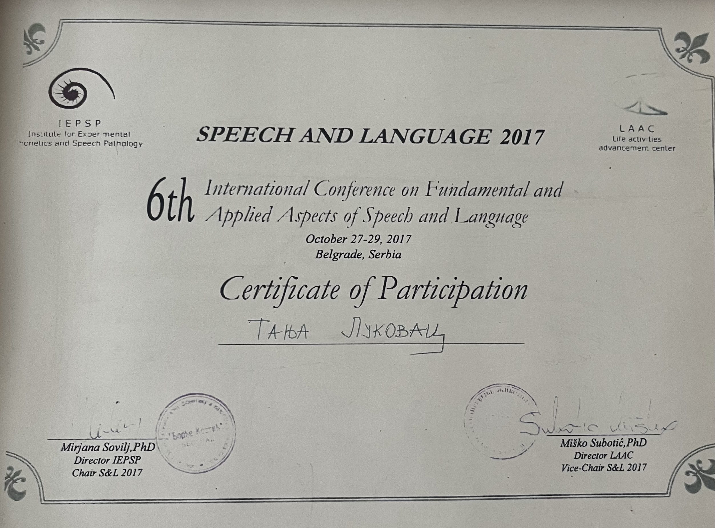 Sertifikat o učešću na međunarodnoj konferenciji „Speech and Language 2017”