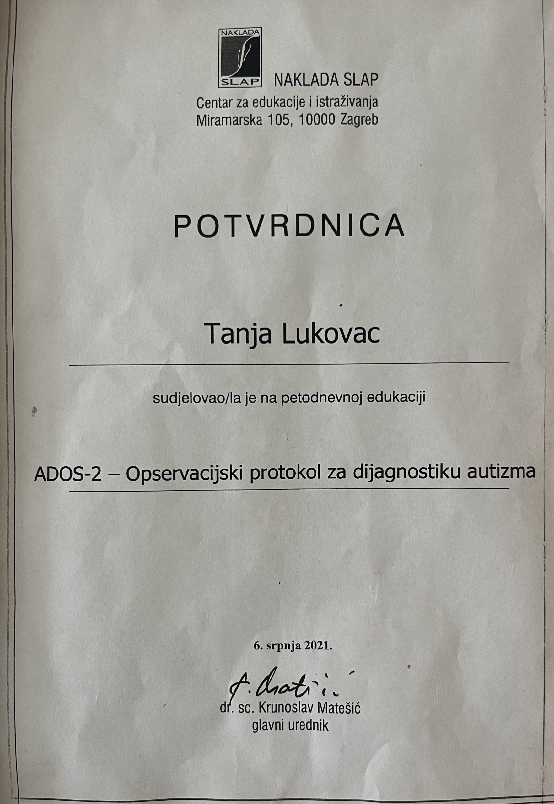 Potvrdnica o završenoj edukaciji „ADOS-2 – Opservacijski protokol za dijagnostiku autizma”
