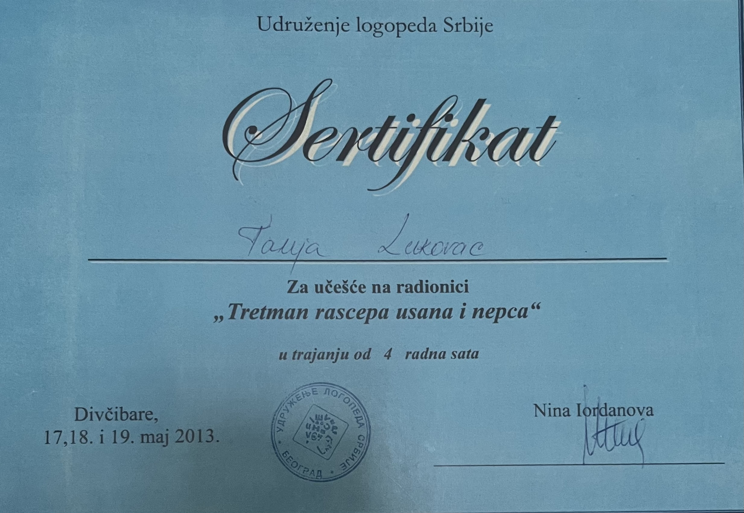 Sertifikat o učešću na radionici „Tretman rascepa usana i nepca”