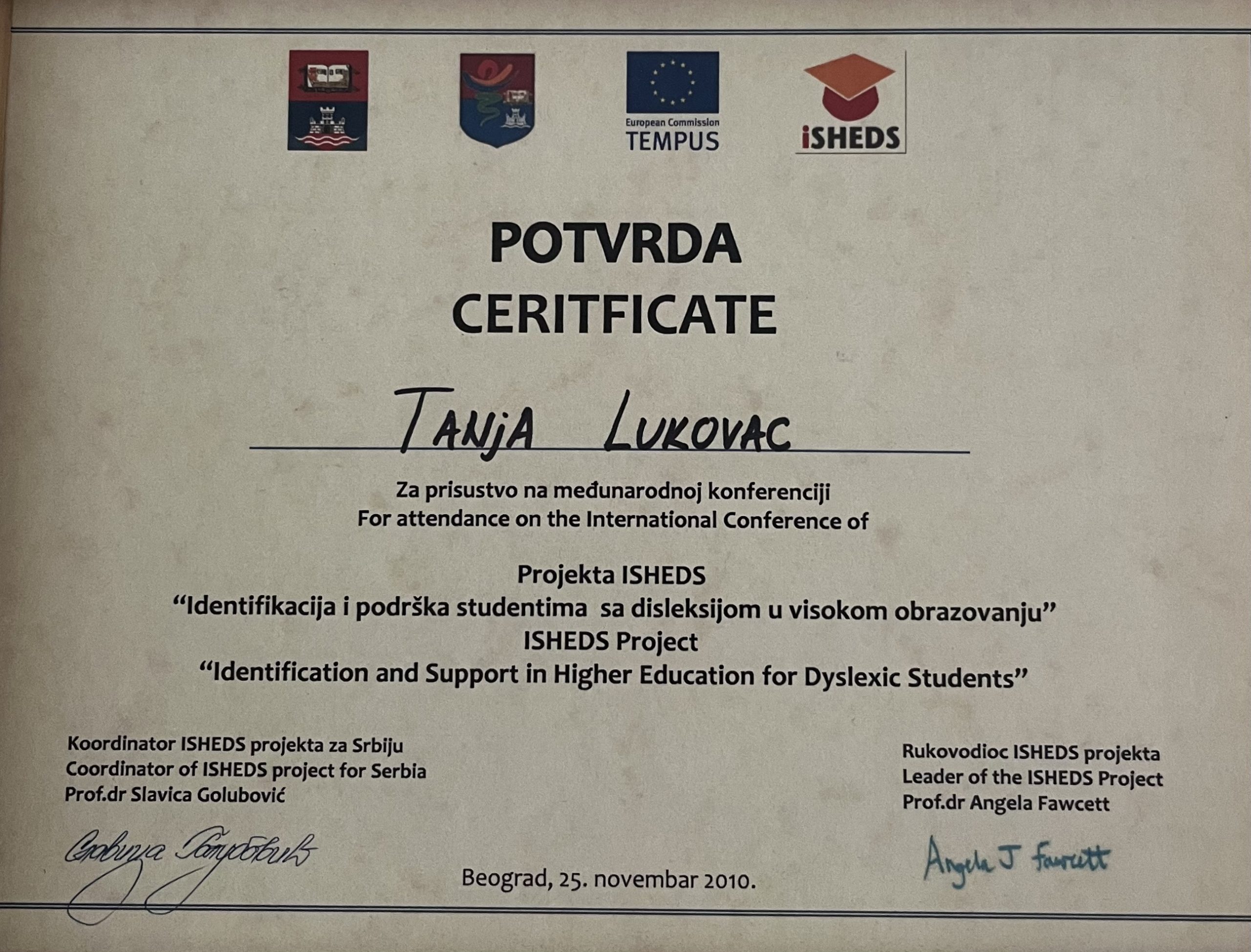 Potvrda o prisustvu na međunarodnoj konferenciji „Identifikacija i podrška studentima sa disleksijom u visokom obrazovanju”