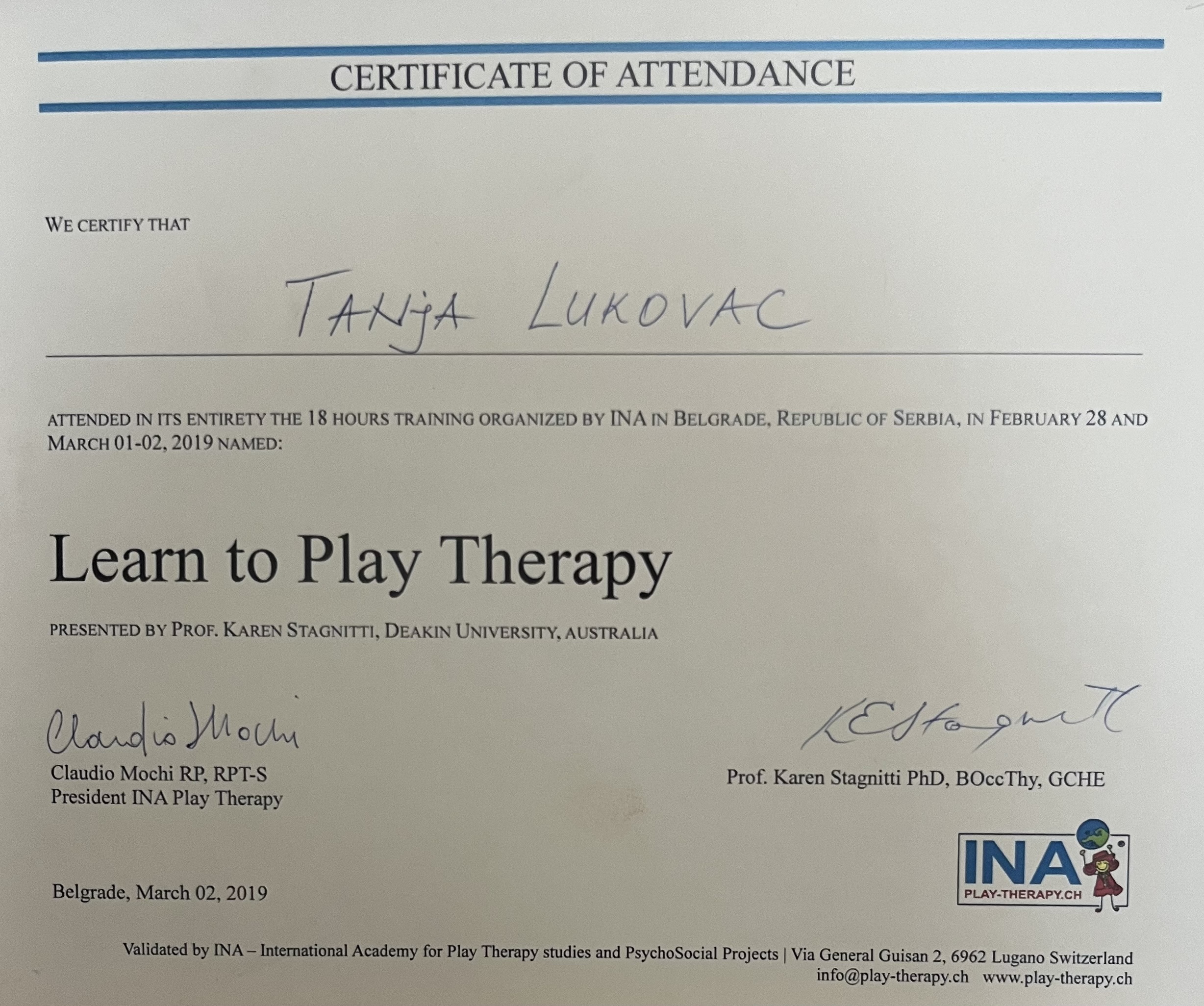 Sertifikat o pohađanju obuke „Learn to Play Therapy”